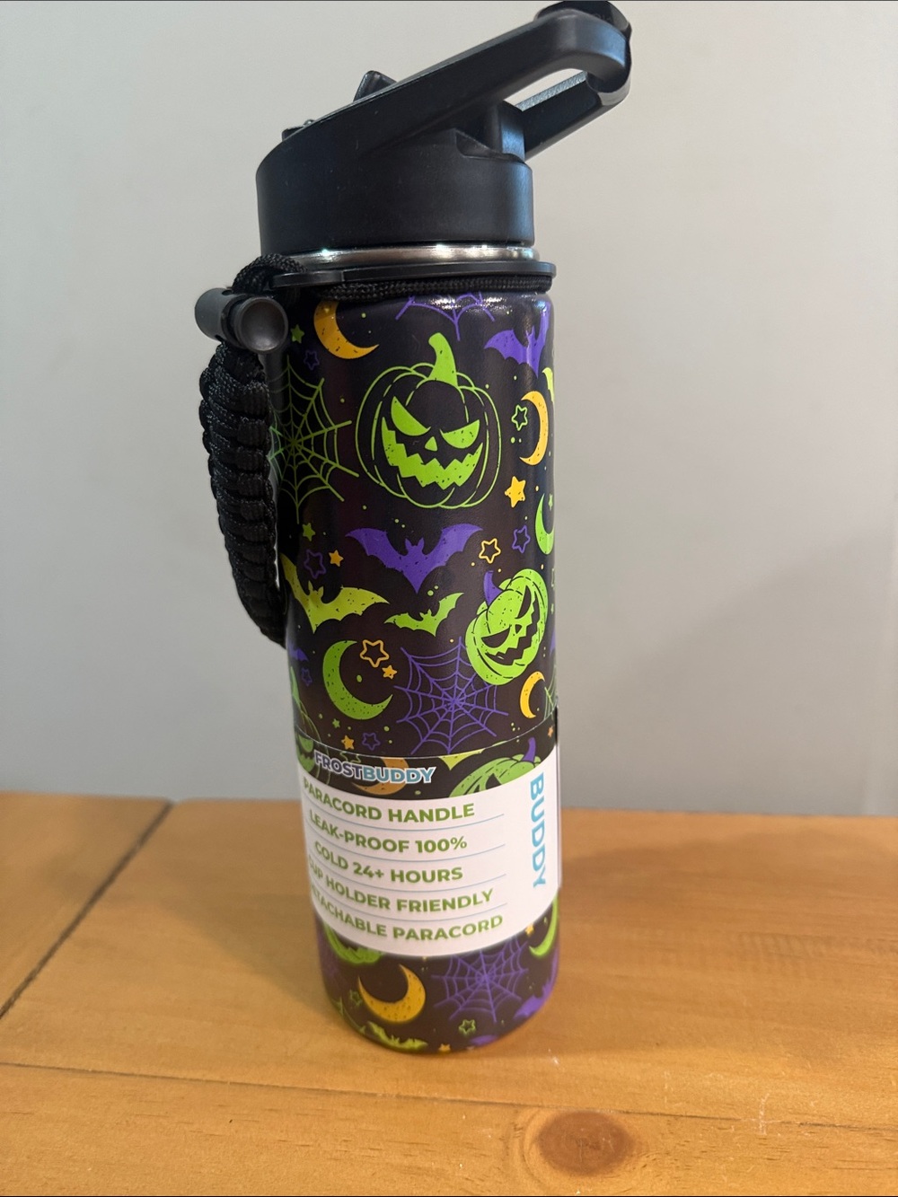 Halloween FROSTBUDDY Water Bottle - Black with Green & Purple Pumpkin Design
